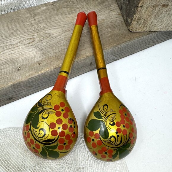 Vintage Khokhloma Hand Painted Spoon Set, Folk Art Wooden Spoons - Picture 4 of 5